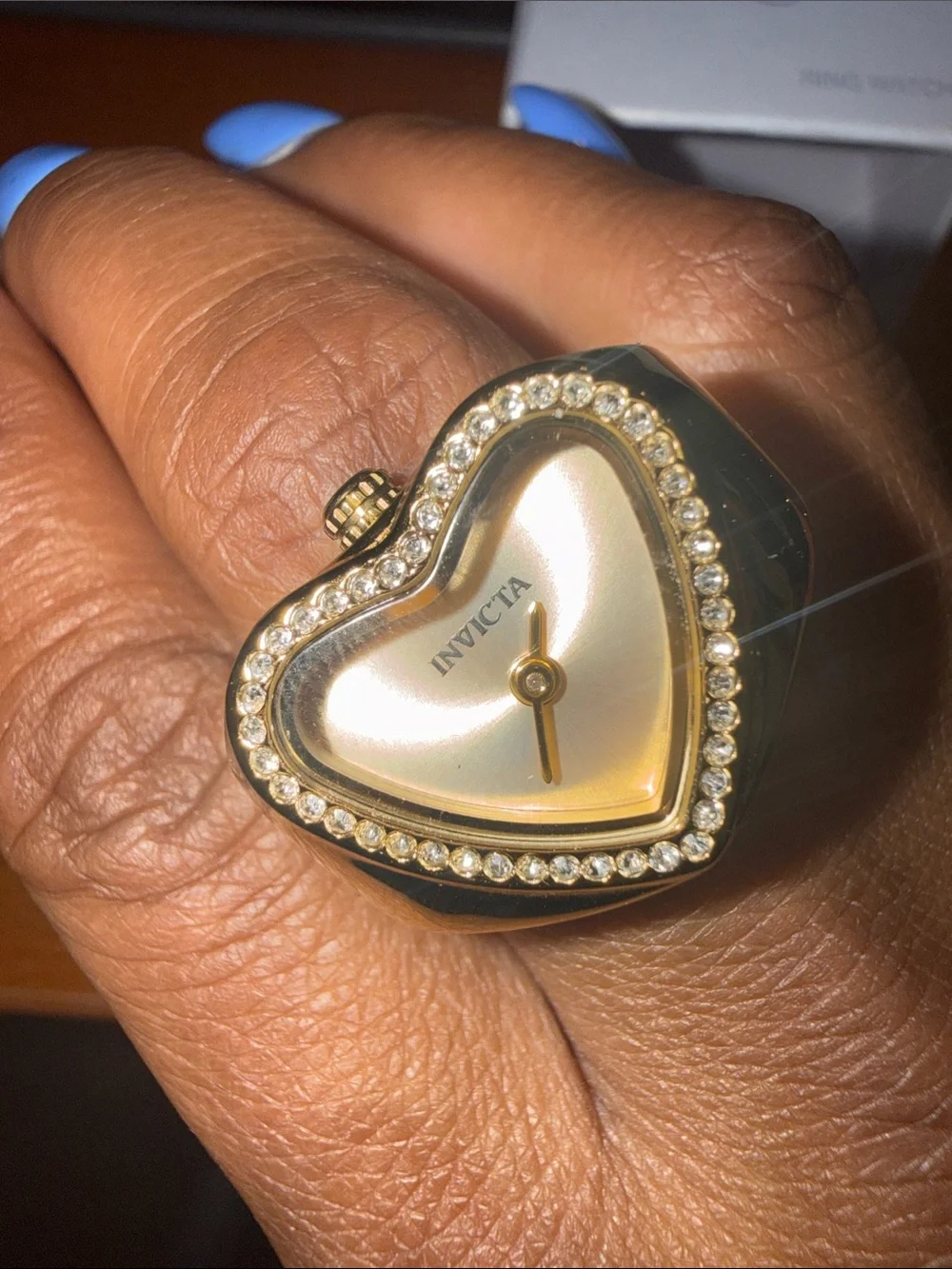 Invicta Gold Heart-Shaped Ring Watch with Crystal Halo